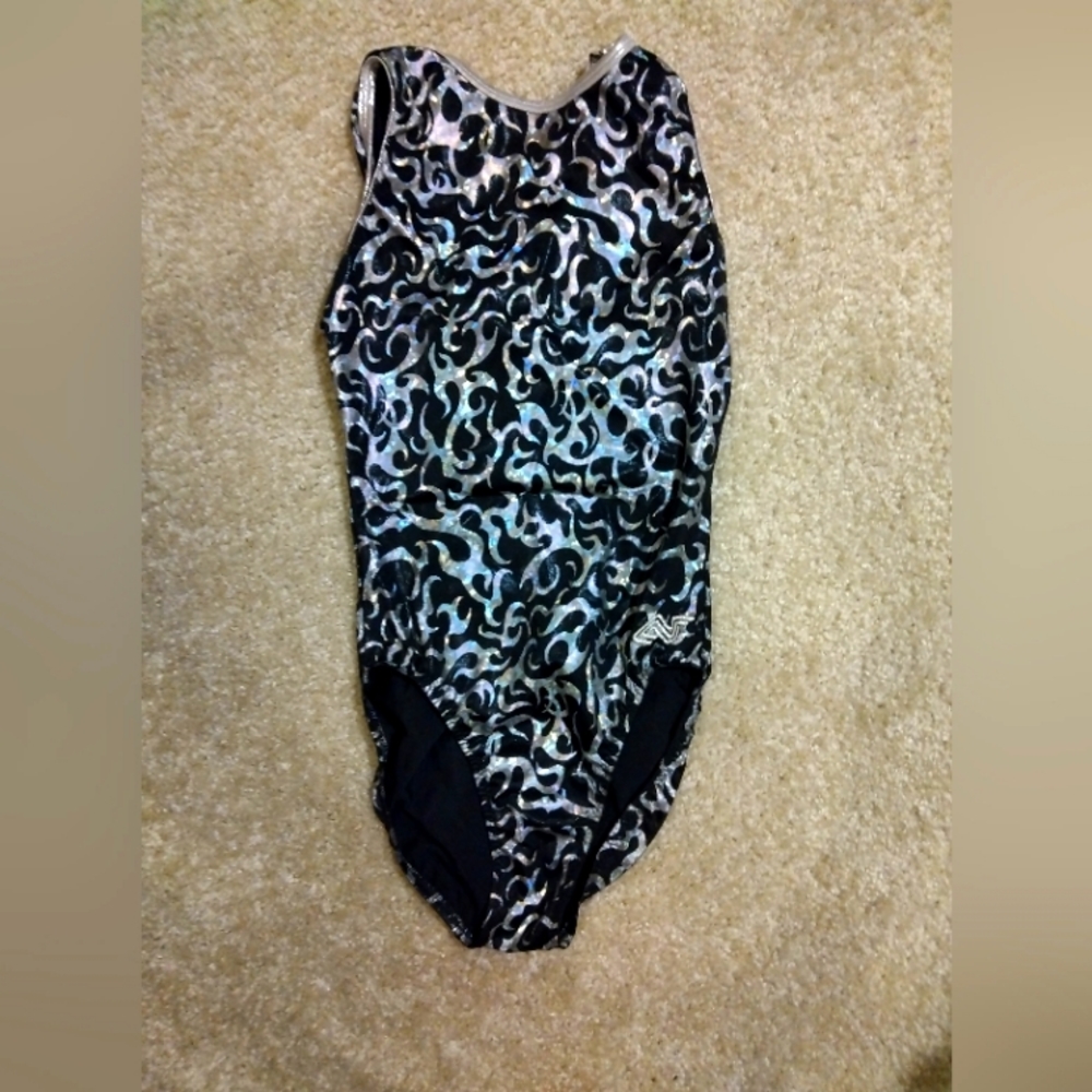 Black w/ Silver Flames Alpha Factor Girls size Medium Gymnastics Tank Leotard